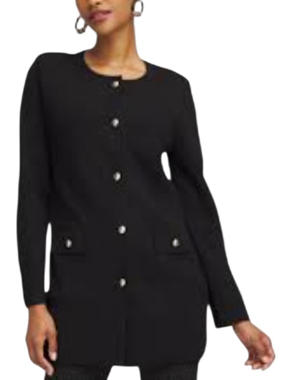 NWT | CHICO'S Black Crewneck Coatigan Longline Gold Button Cardigan Sweater Sz L